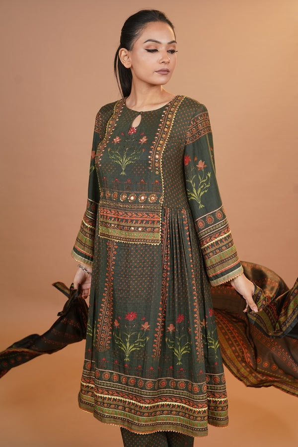 Maheshwari Silk Anarkali - Olive Green