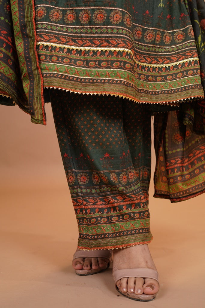 Maheshwari Silk Anarkali - Olive Green