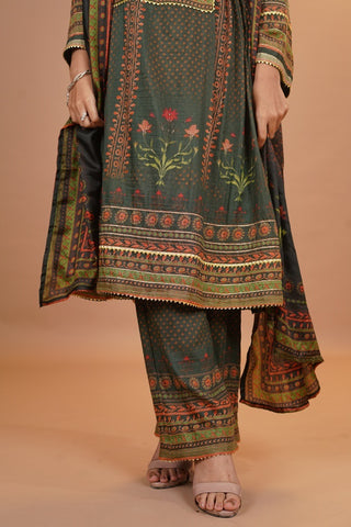 Maheshwari Silk Anarkali - Olive Green