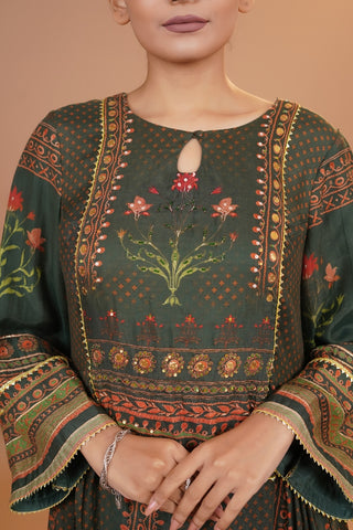 Maheshwari Silk Anarkali - Olive Green