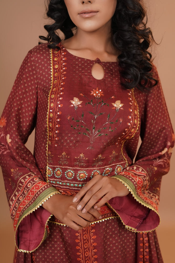 Maheshwari Silk Anarkali - Rose Brown