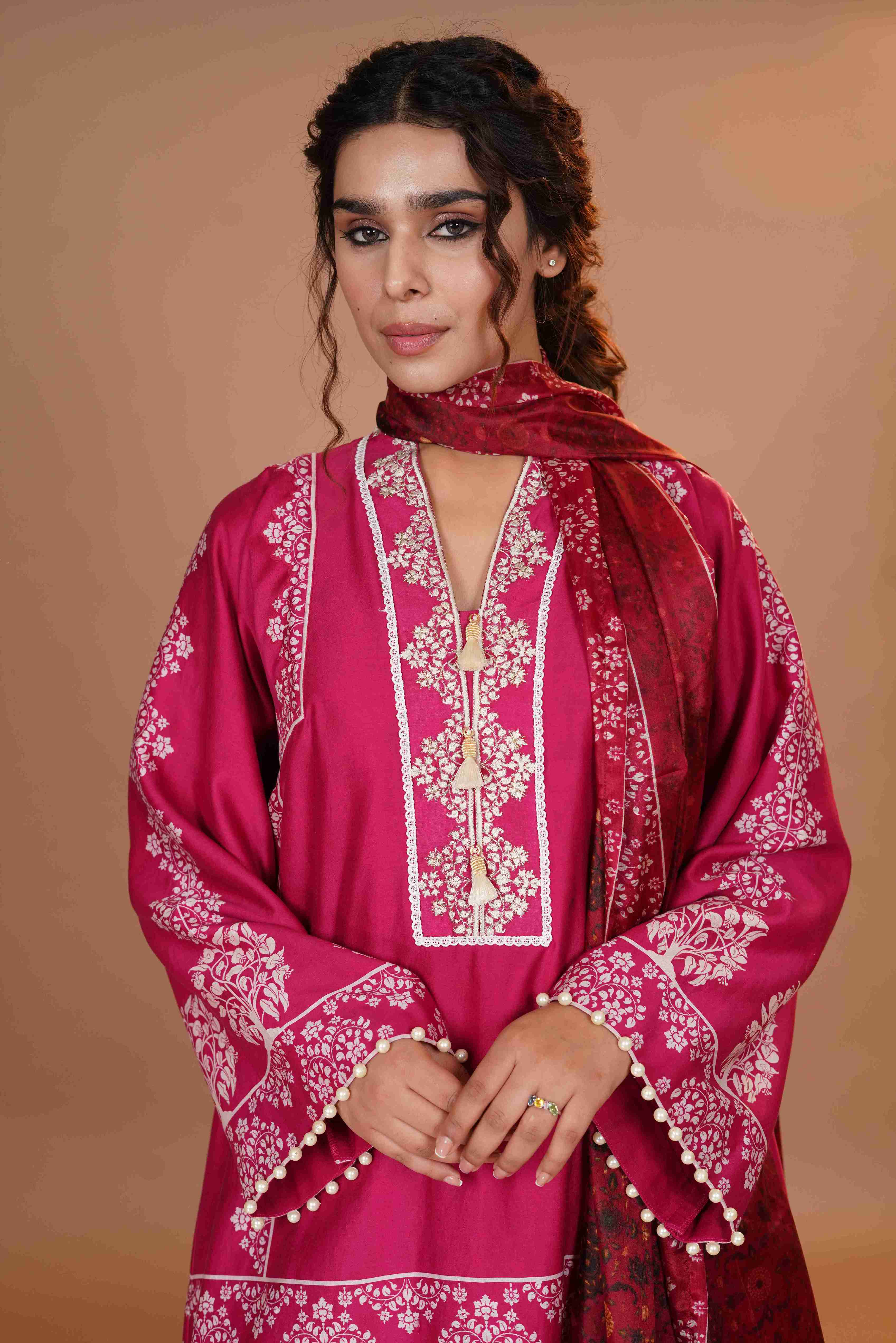 Tussar Chanderi Silk Suit - Magenta Pink