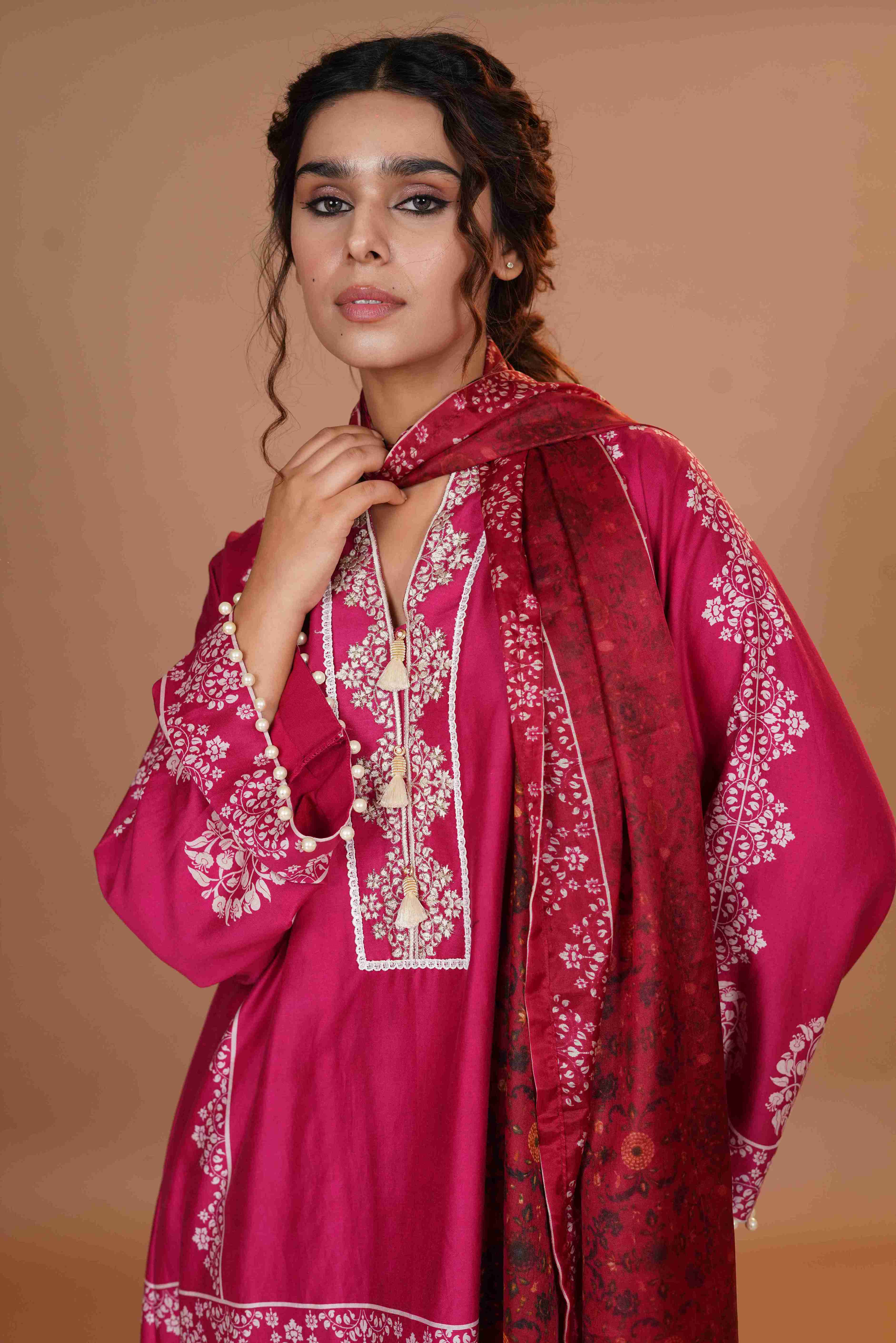Tussar Chanderi Silk Suit - Magenta Pink