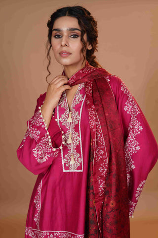 Tussar Chanderi Silk Suit - Magenta Pink