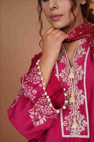 Tussar Chanderi Silk Suit - Magenta Pink