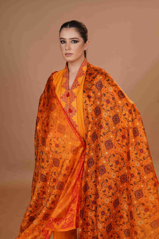 Tussar Chanderi Silk Suit - Mustard & Red