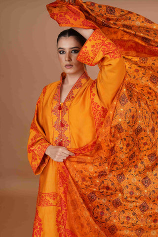 Tussar Chanderi Silk Suit - Mustard & Red