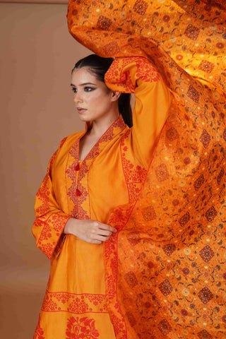 Tussar Chanderi Silk Suit - Mustard & Red