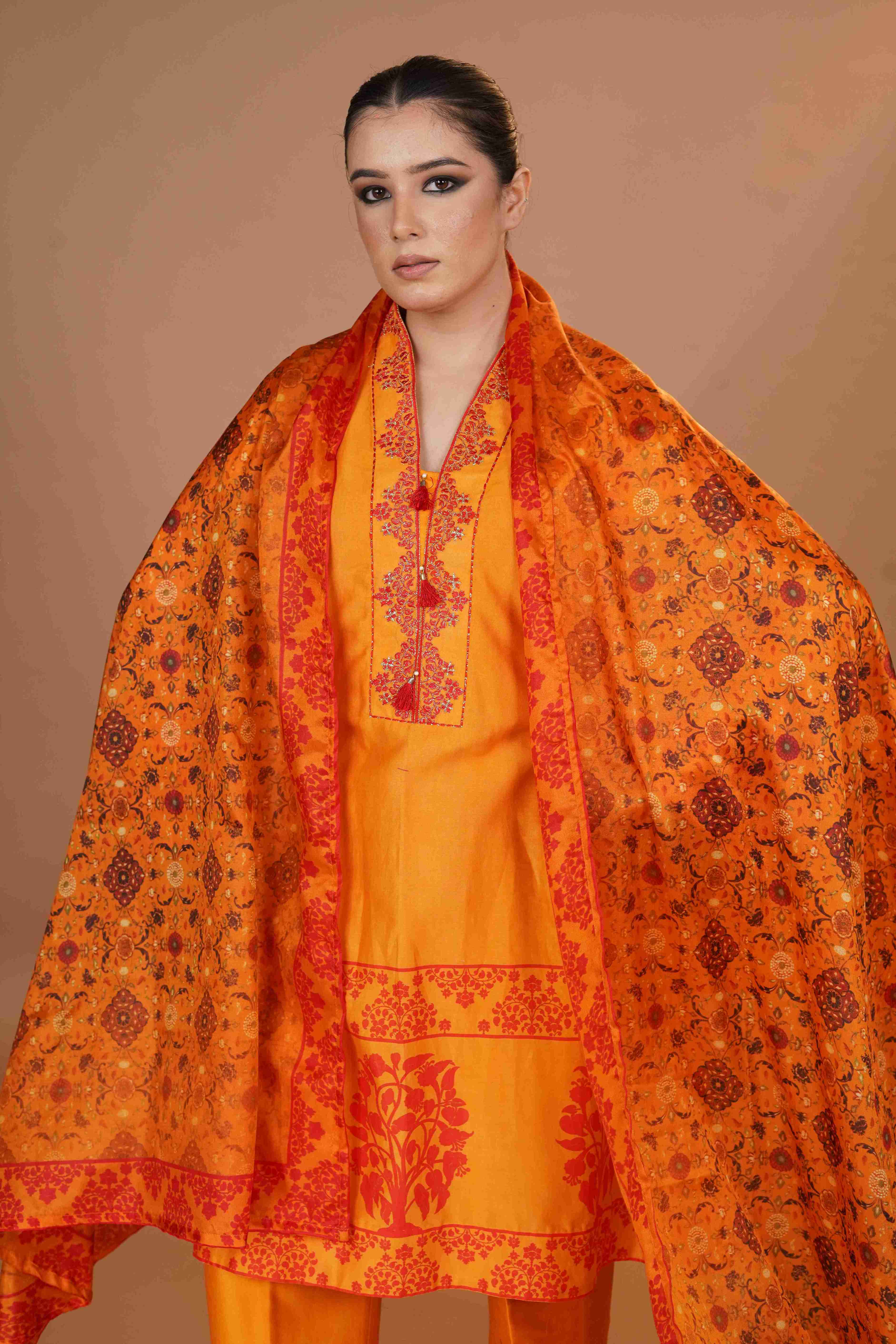 Tussar Chanderi Silk Suit - Mustard & Red
