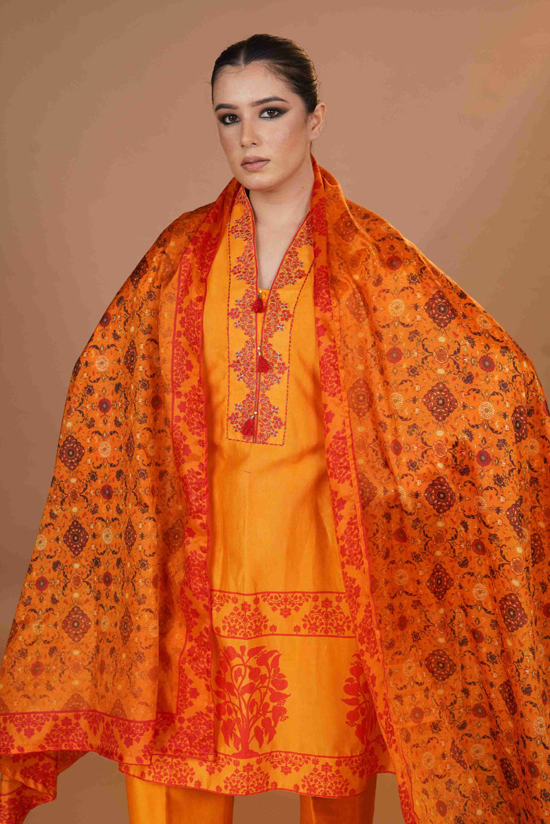 Tussar Chanderi Silk Suit - Mustard & Red