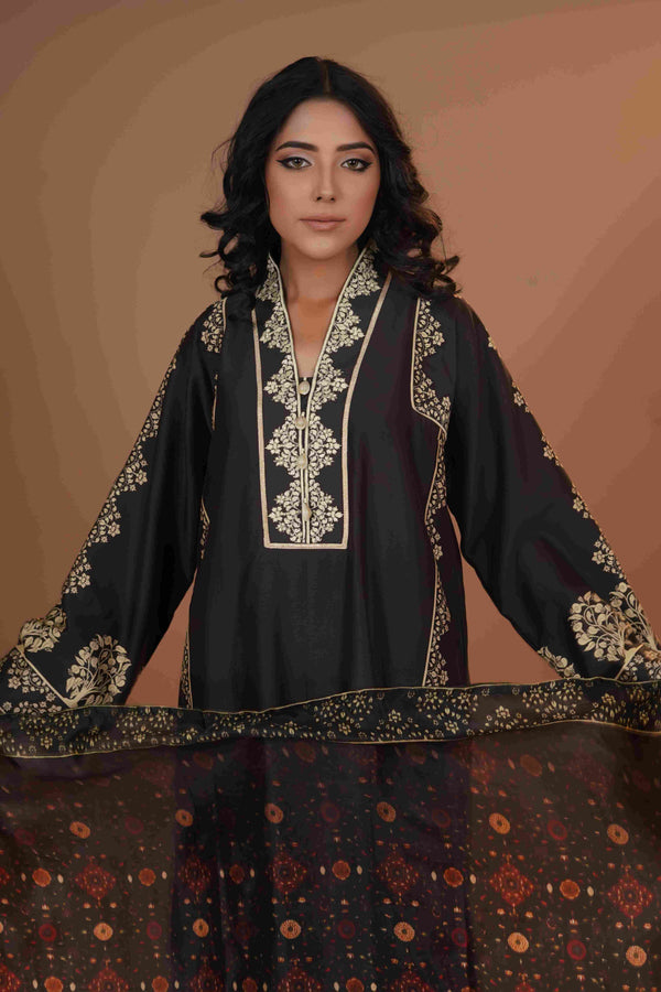 Tussar Chanderi Silk Suit - (Black & Yellow)