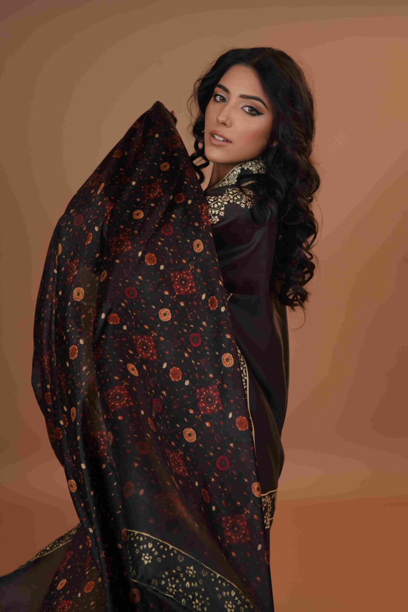 Tussar Chanderi Silk Suit - (Black & Yellow)