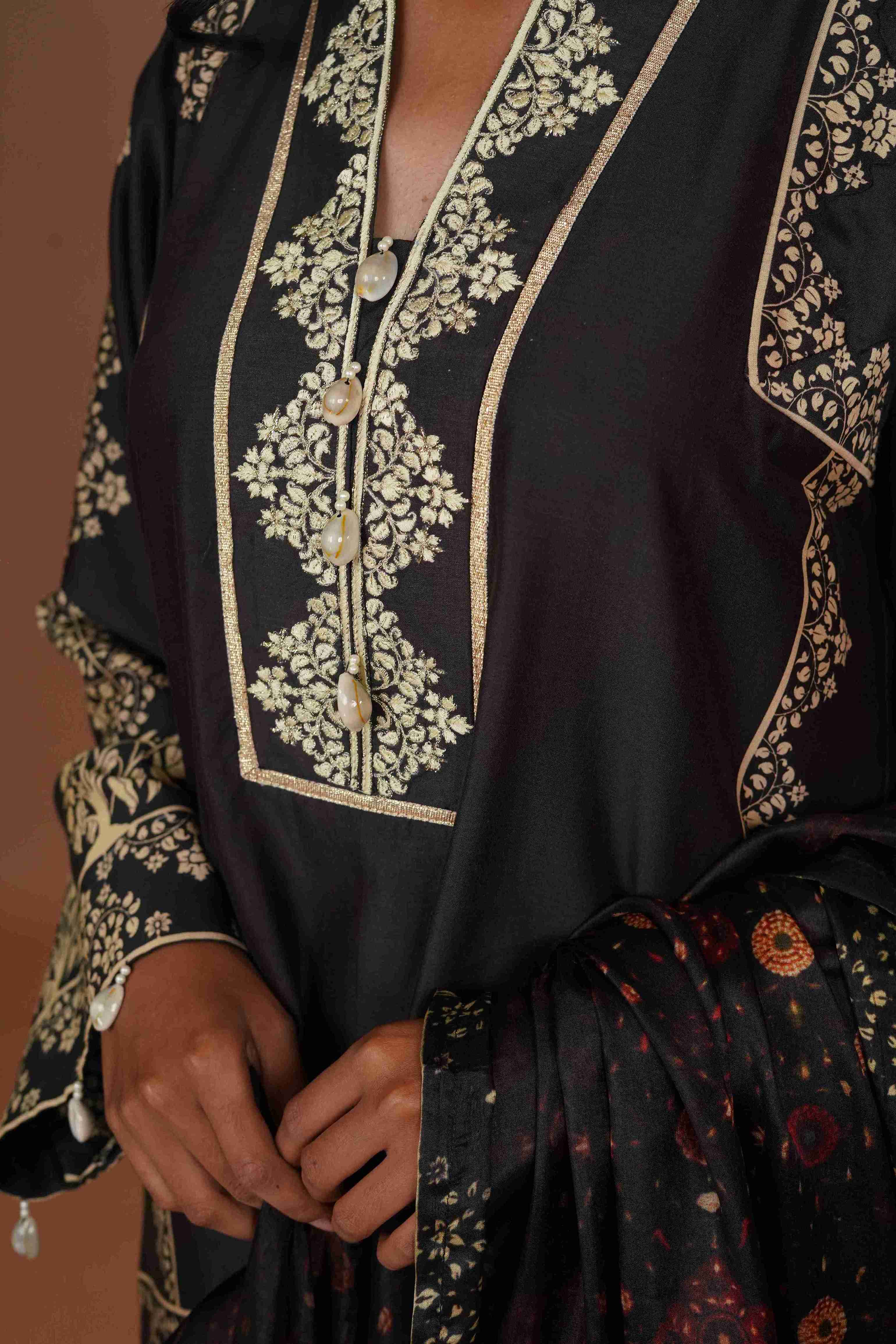 Tussar Chanderi Silk Suit - (Black & Yellow)