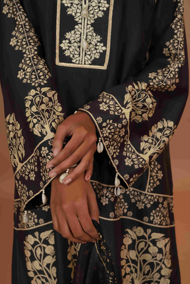 Tussar Chanderi Silk Suit - (Black & Yellow)