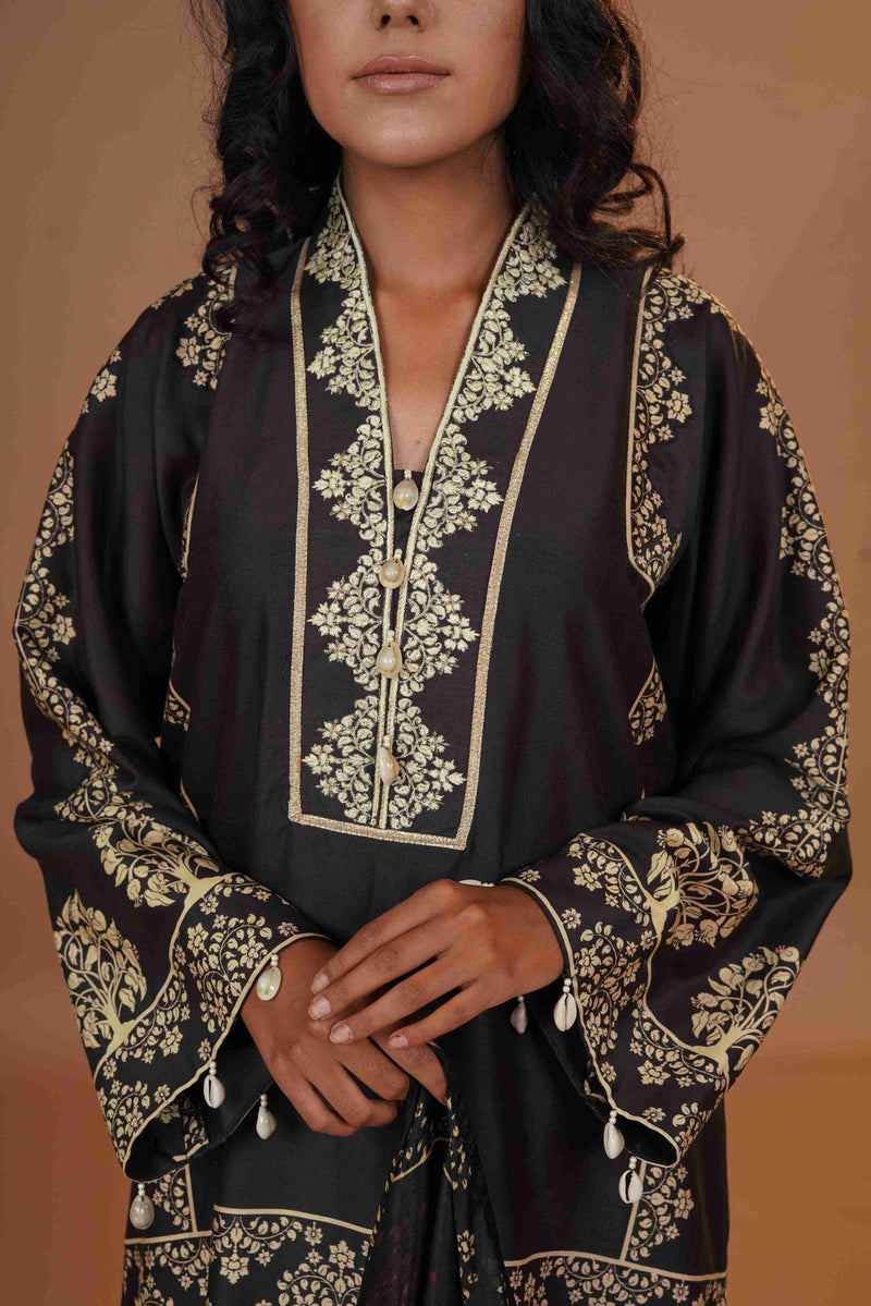 Tussar Chanderi Silk Suit - (Black & Yellow)