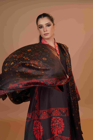Tussar Chanderi Silk Suit - (Black & Red)