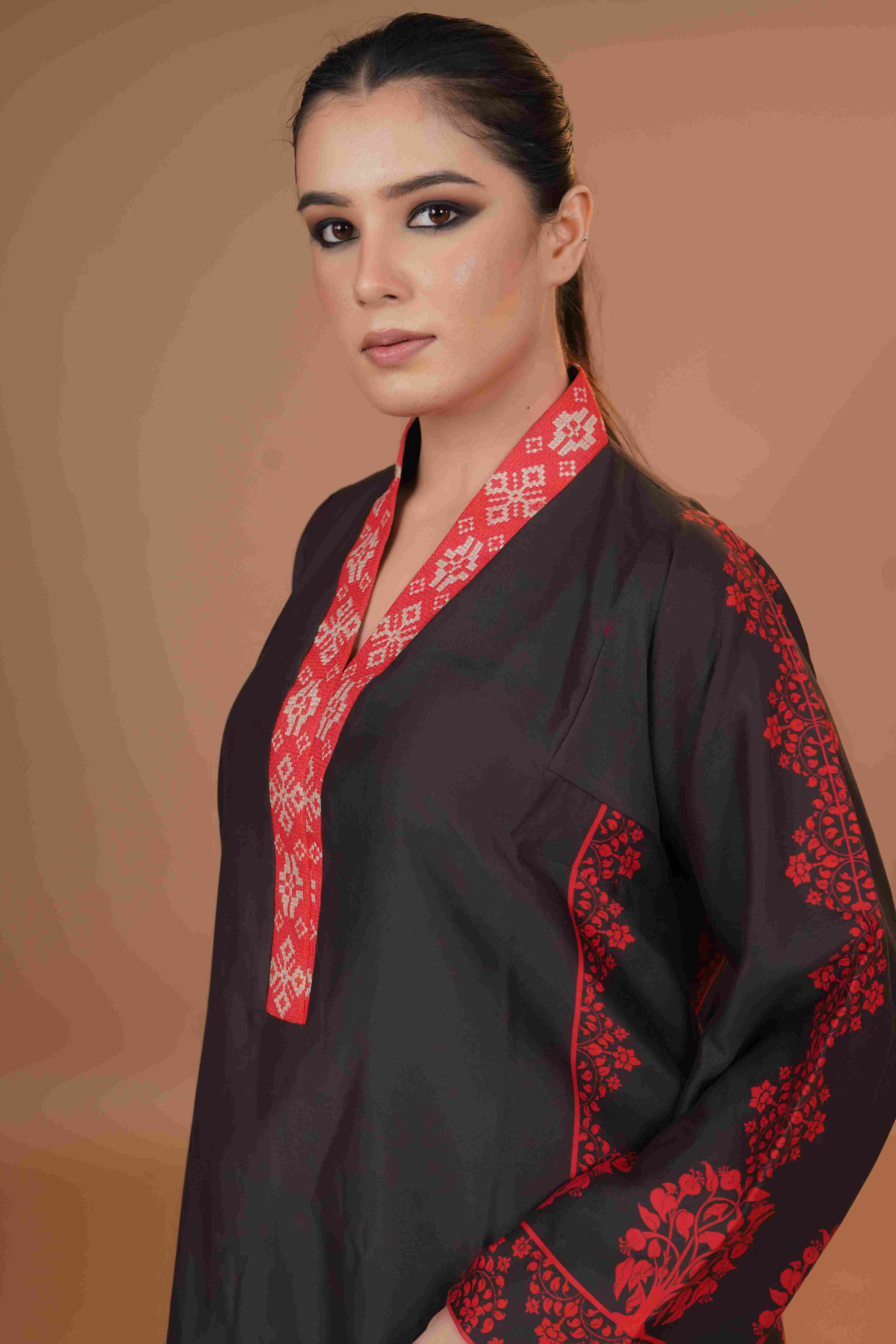 Tussar Chanderi Silk Suit - (Black & Red)