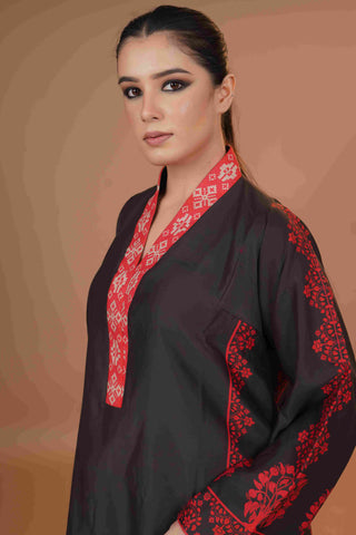 Tussar Chanderi Silk Suit - (Black & Red)