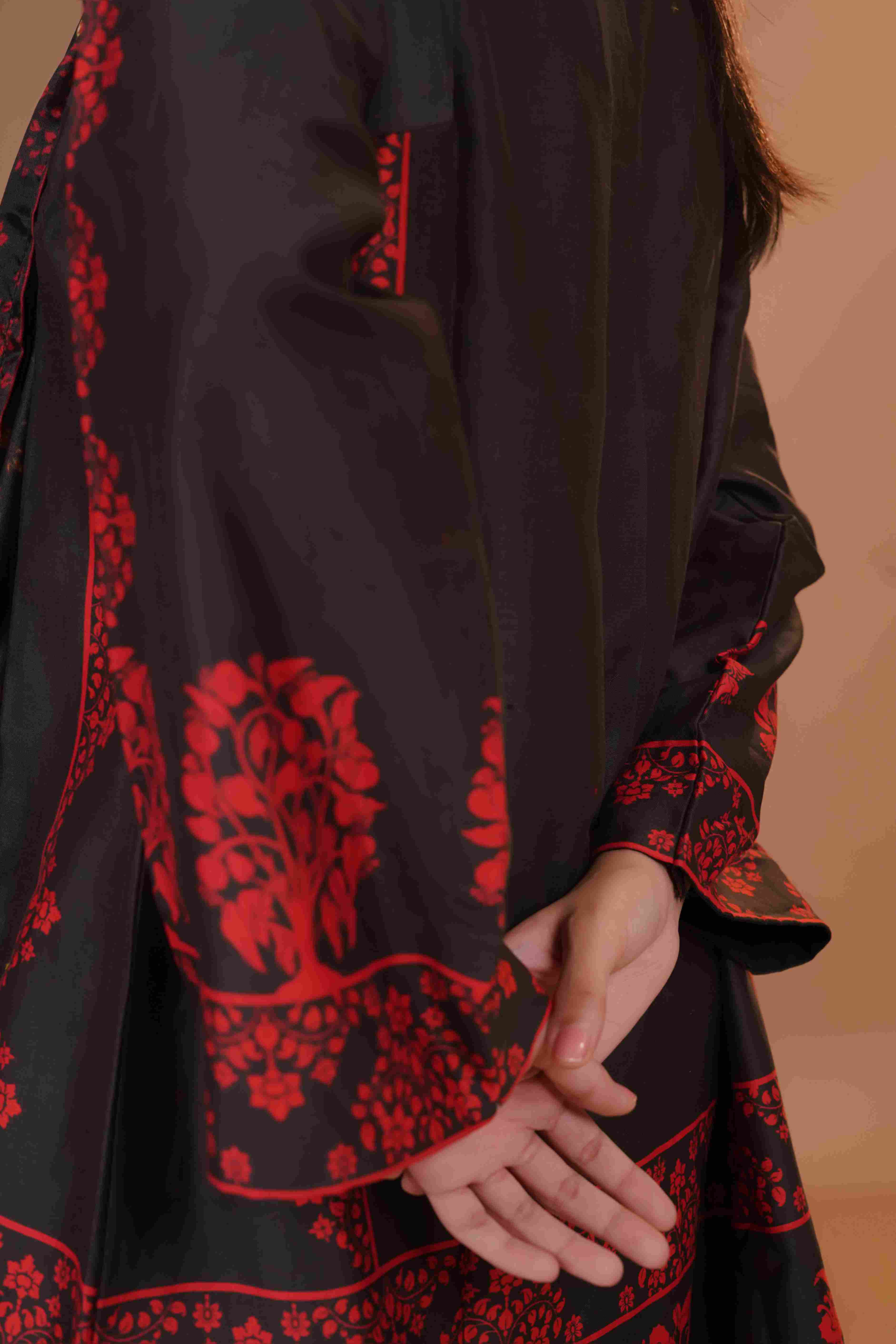 Tussar Chanderi Silk Suit - (Black & Red)