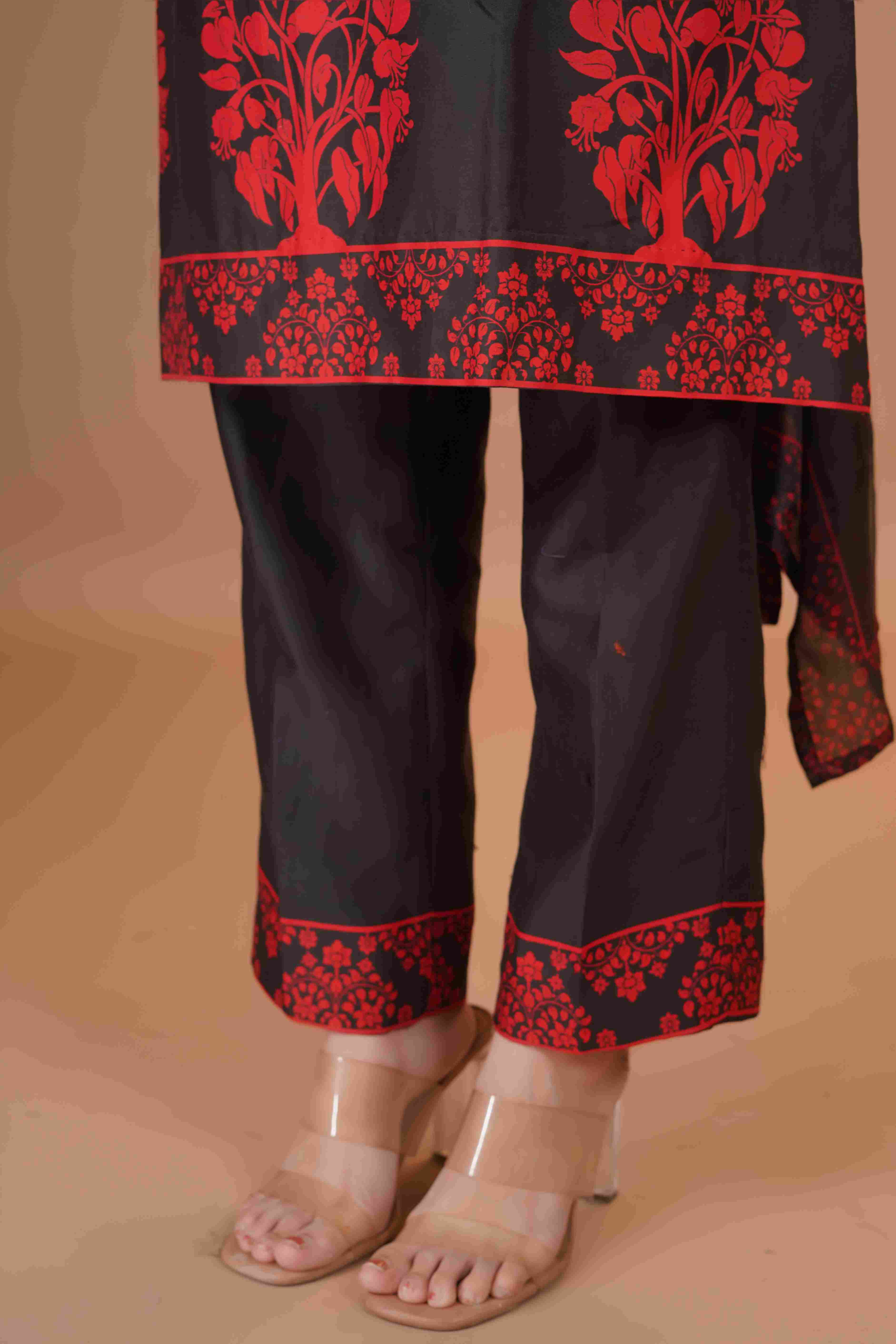 Tussar Chanderi Silk Suit - (Black & Red)