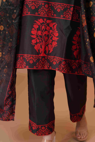 Tussar Chanderi Silk Suit - (Black & Red)