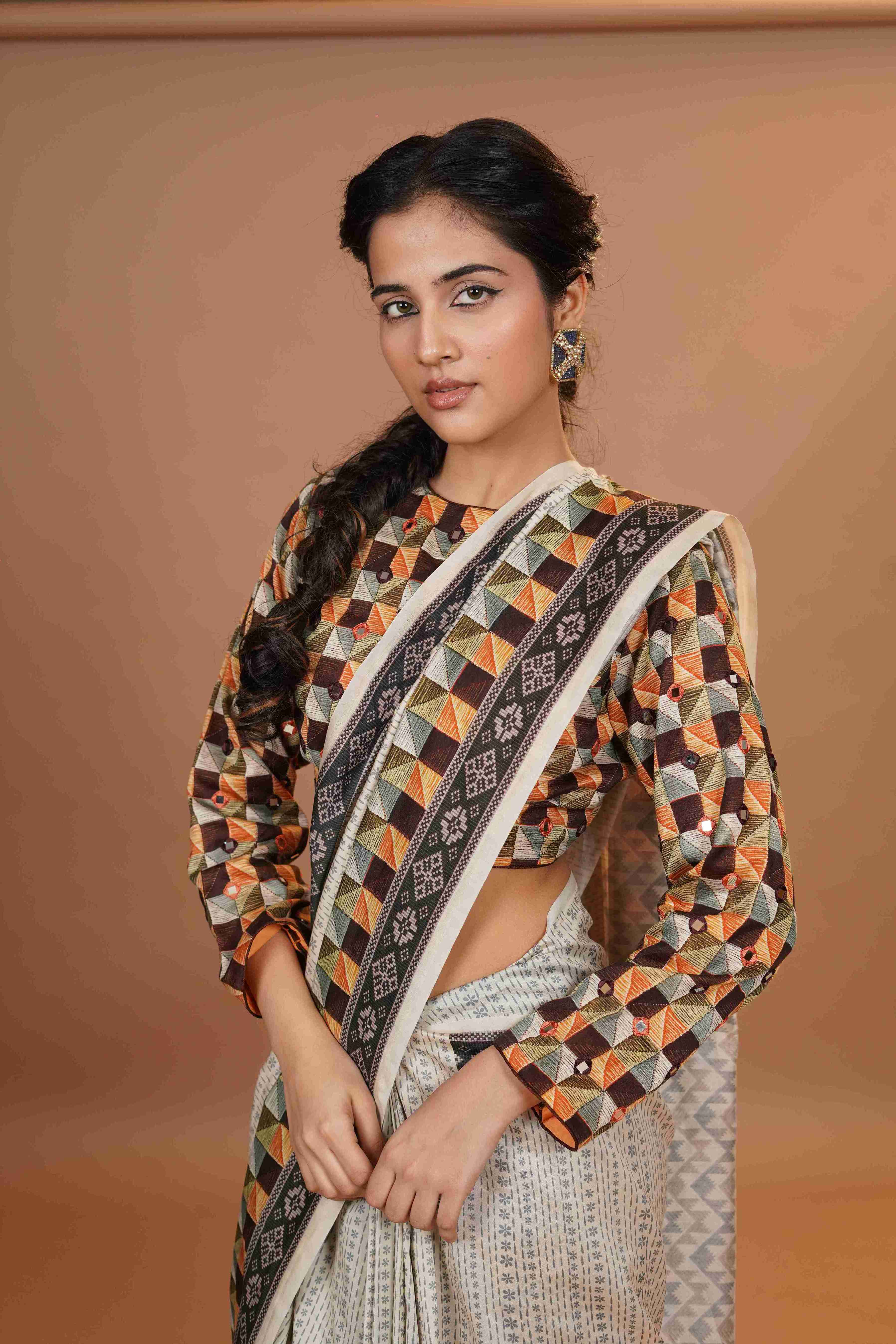 Mahalkari Mirror work Blouse with chanderi saree - (Maroon)