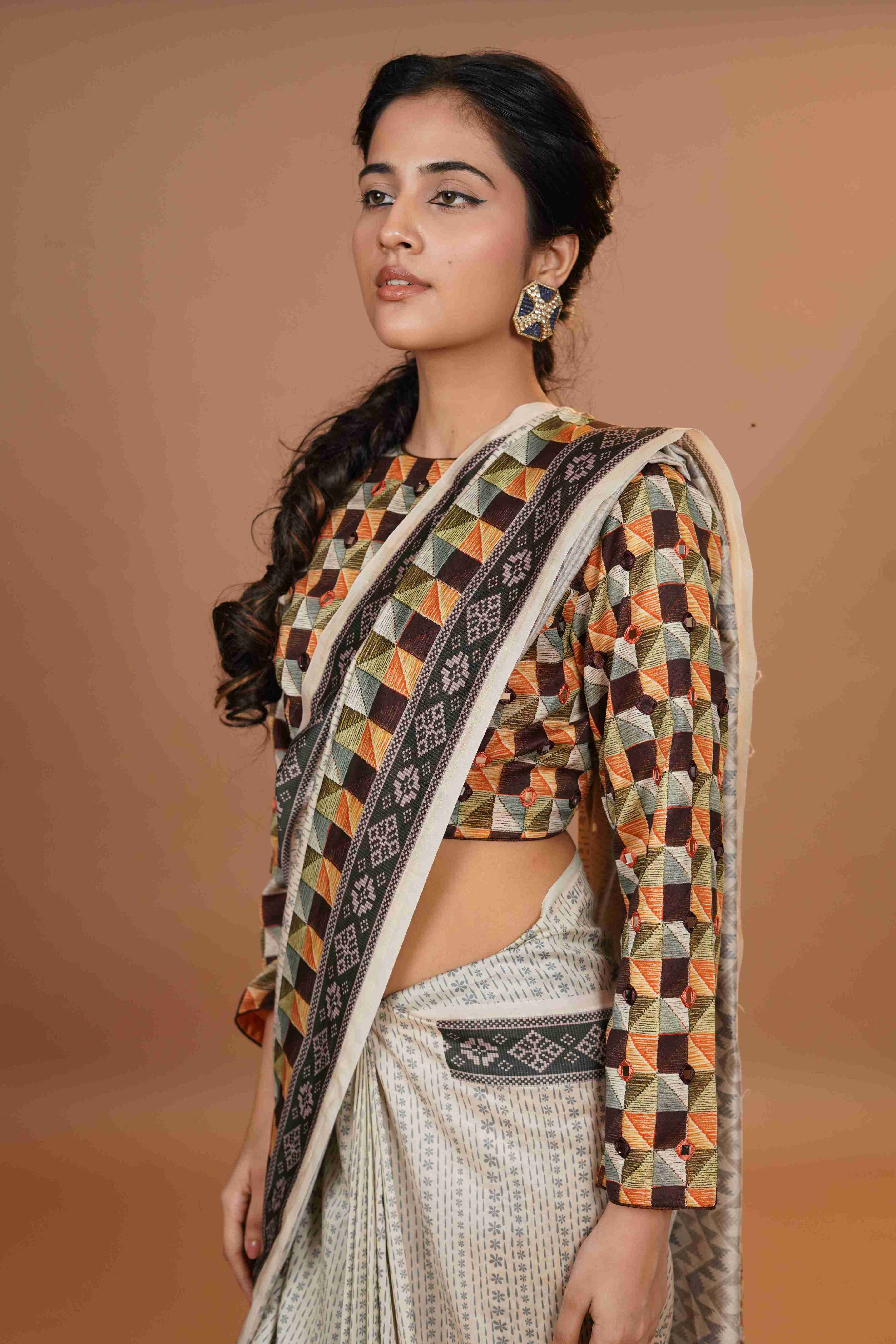 Mahalkari Mirror work Blouse with chanderi saree - (Maroon)