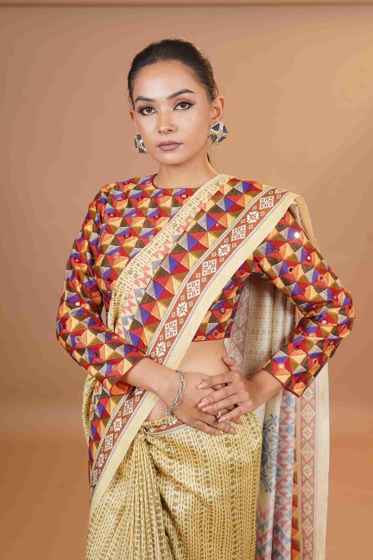 Mahalkari Mirror work Blouse with chanderi saree - (Dark beige/brown)