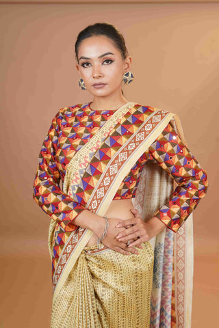 Mahalkari Mirror work Blouse with chanderi saree - (Dark beige/brown)