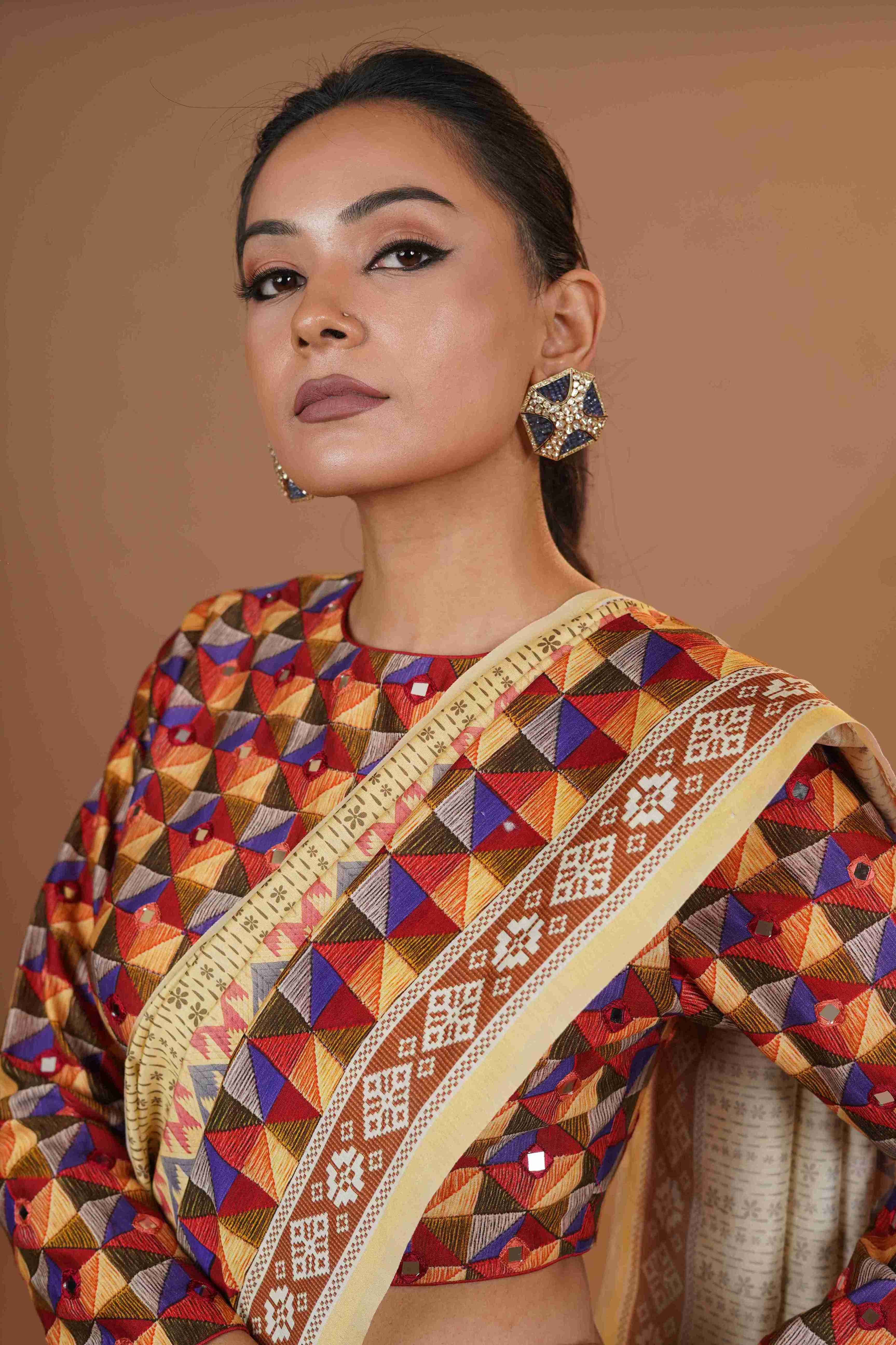 Mahalkari Mirror work Blouse with chanderi saree - (Dark beige/brown)