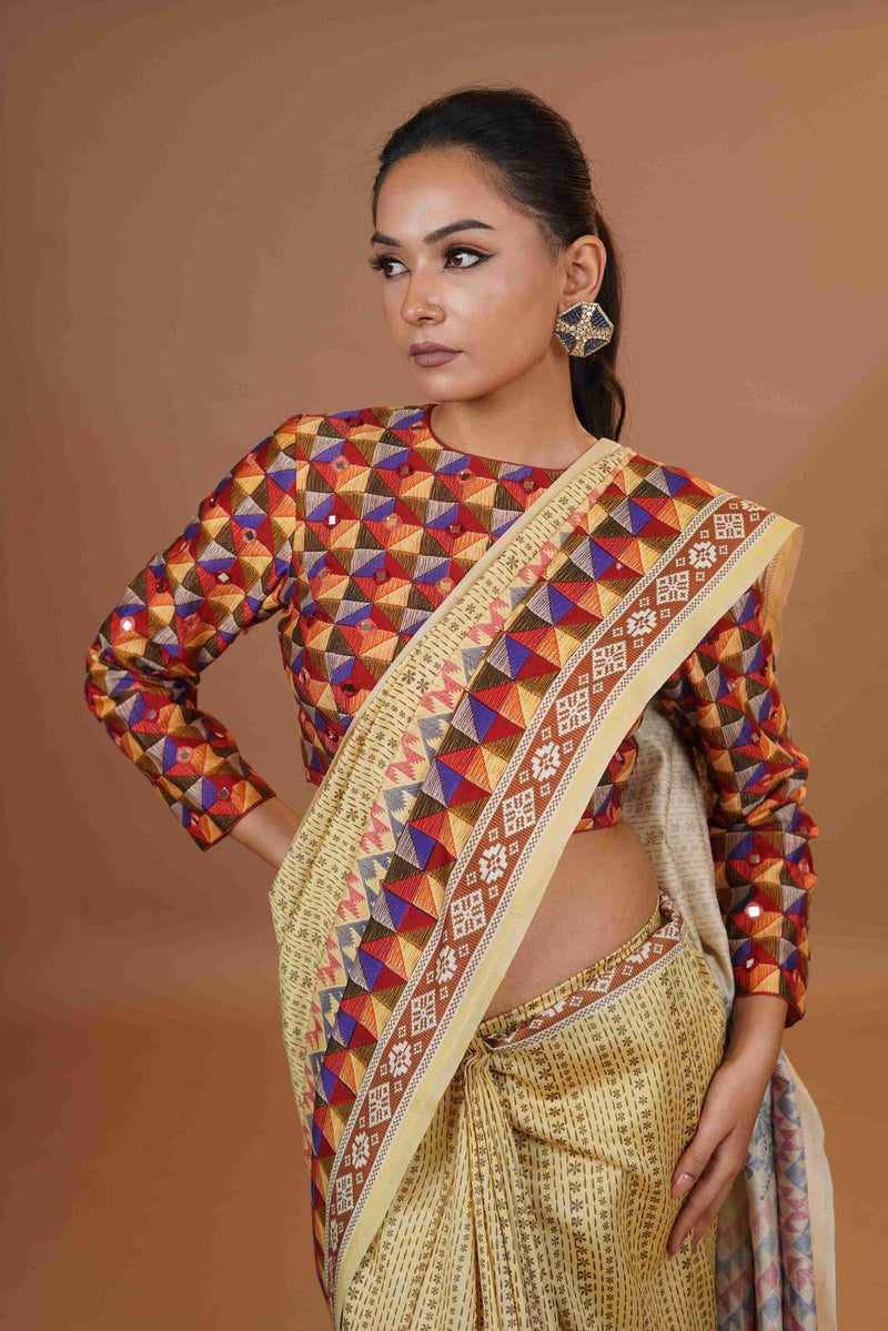 Mahalkari Mirror work Blouse with chanderi saree - (Dark beige/brown)
