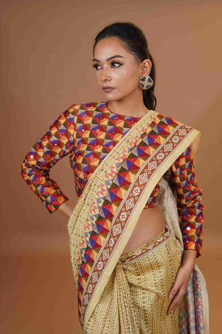 Mahalkari Mirror work Blouse with chanderi saree - (Dark beige/brown)