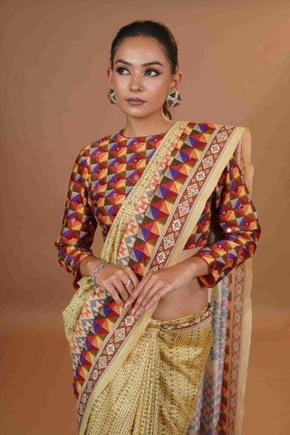 Mahalkari Mirror work Blouse with chanderi saree - (Dark beige/brown)