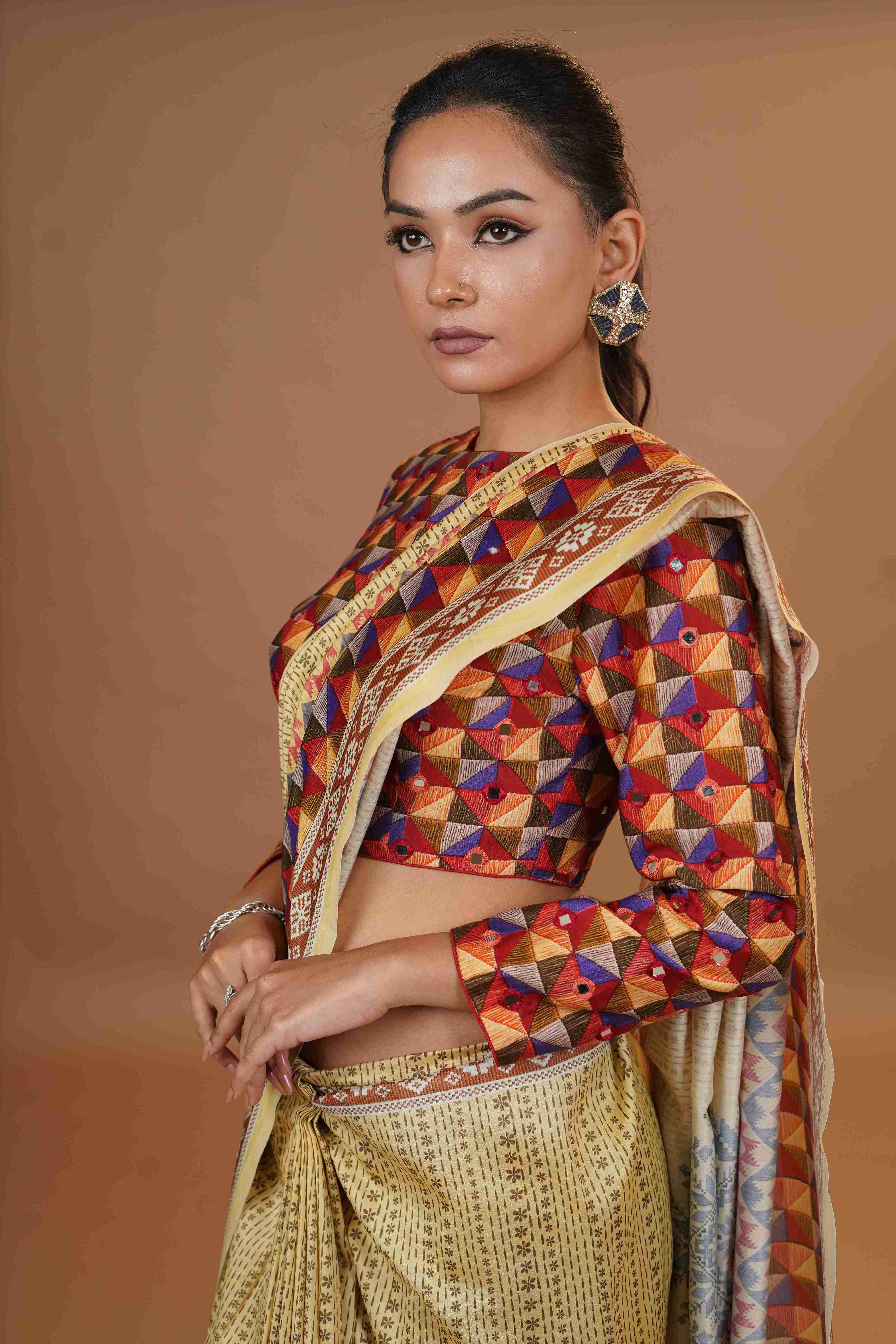Mahalkari Mirror work Blouse with chanderi saree - (Dark beige/brown)