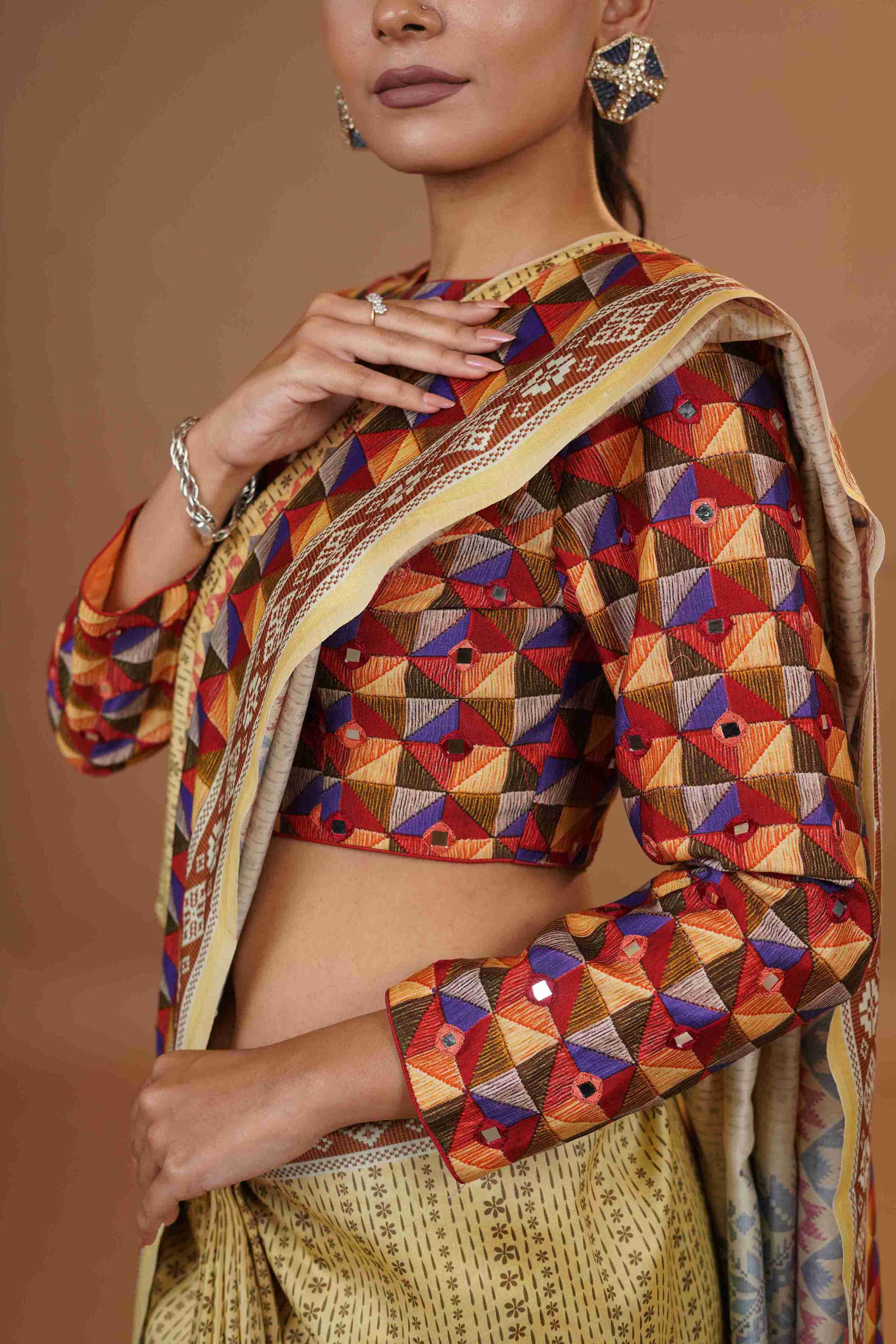 Mahalkari Mirror work Blouse with chanderi saree - (Dark beige/brown)