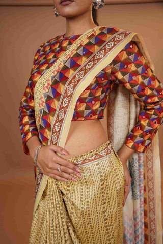 Mahalkari Mirror work Blouse with chanderi saree - (Dark beige/brown)