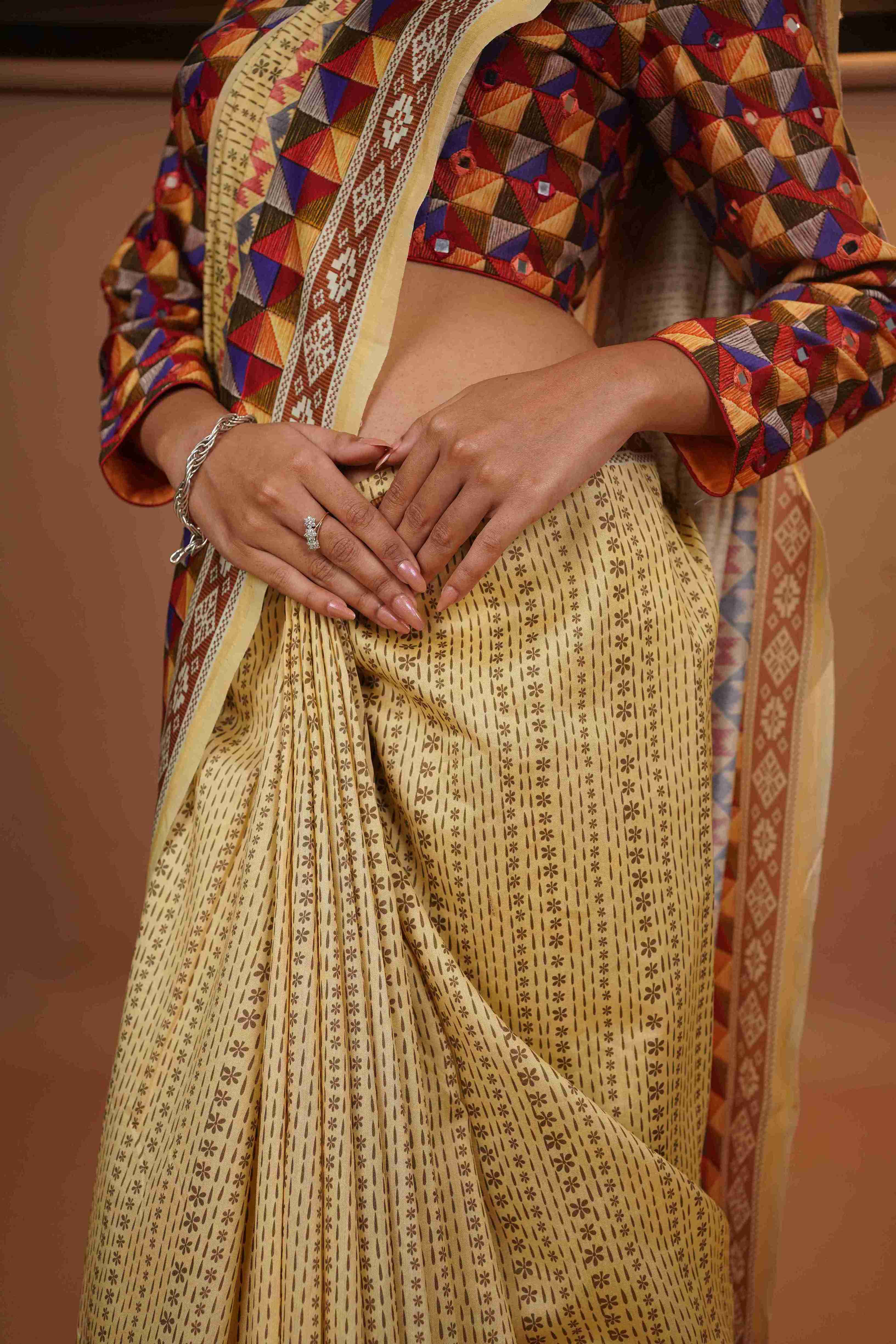 Mahalkari Mirror work Blouse with chanderi saree - (Dark beige/brown)