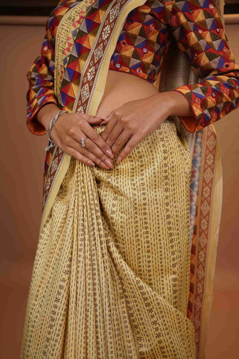 Mahalkari Mirror work Blouse with chanderi saree - (Dark beige/brown)