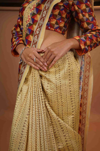 Mahalkari Mirror work Blouse with chanderi saree - (Dark beige/brown)