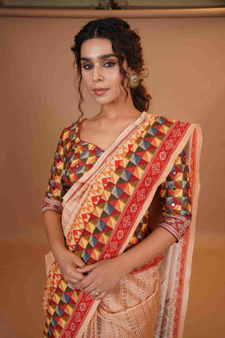 Mahalkari Mirror work Blouse with chanderi saree - (Nude/Red)