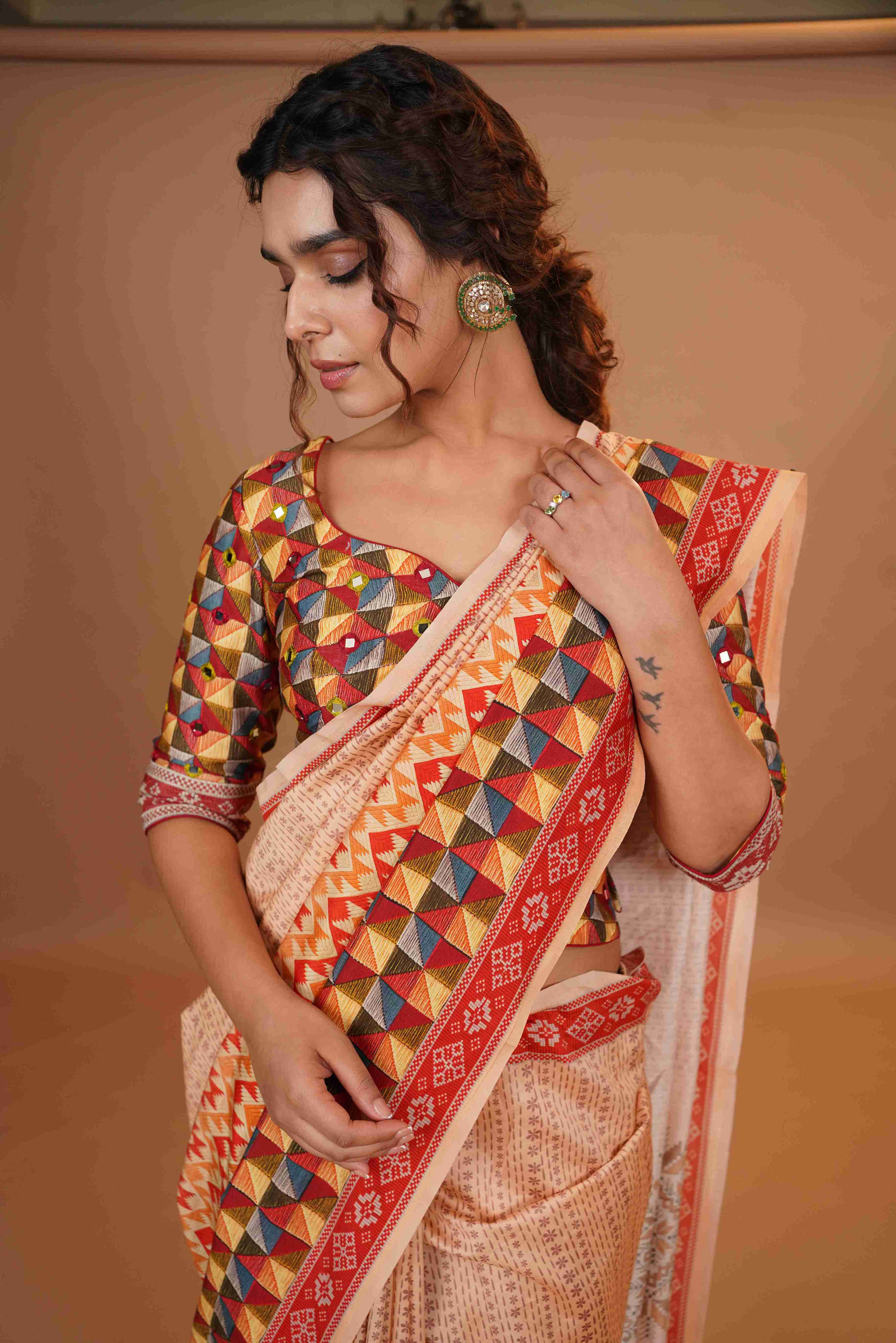 Mahalkari Mirror work Blouse with chanderi saree - (Nude/Red)