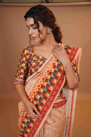 Mahalkari Mirror work Blouse with chanderi saree - (Nude/Red)