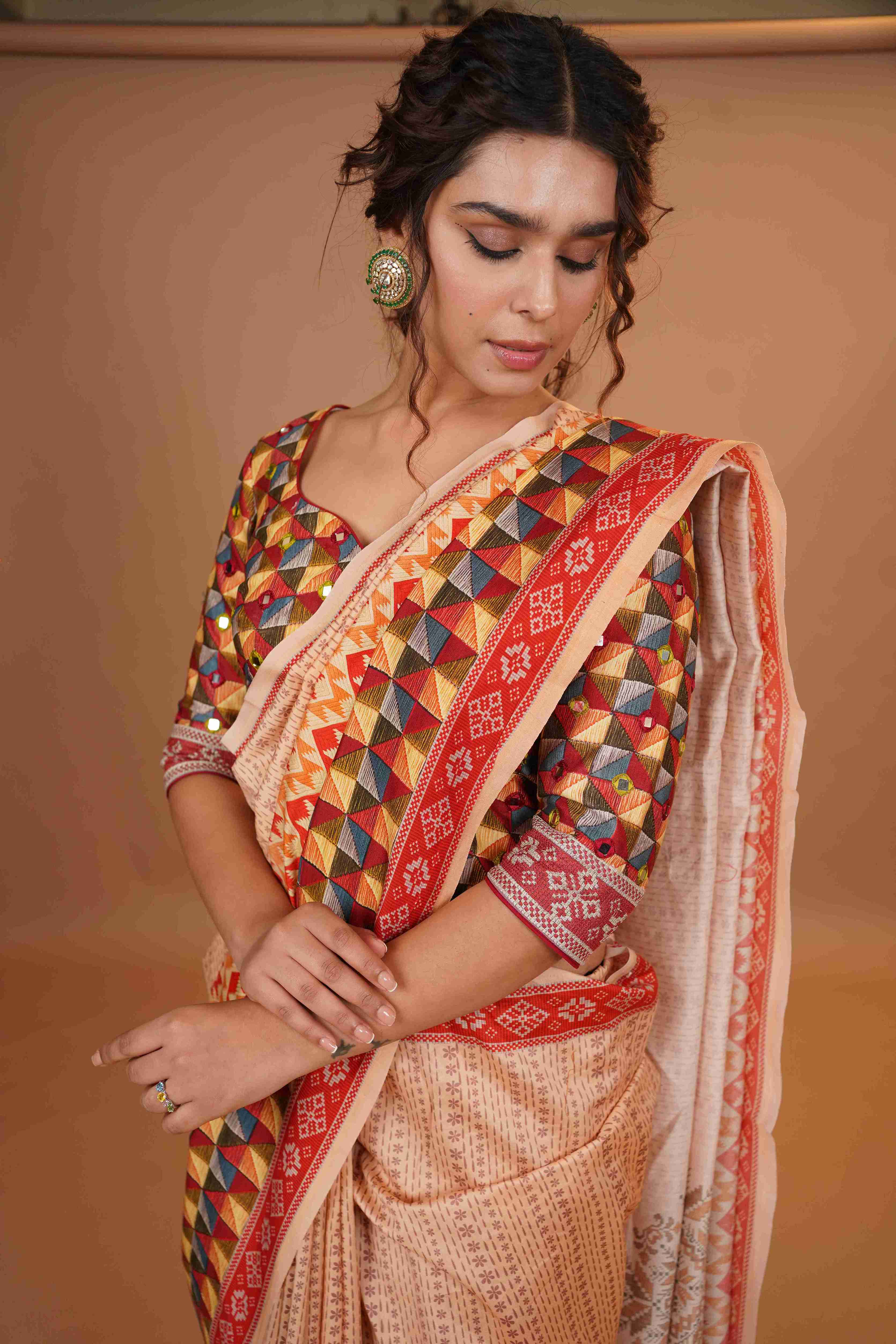 Mahalkari Mirror work Blouse with chanderi saree - (Nude/Red)