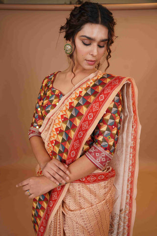 Mahalkari Mirror work Blouse with chanderi saree - (Nude/Red)