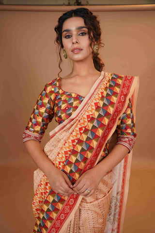 Mahalkari Mirror work Blouse with chanderi saree - (Nude/Red)