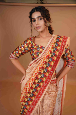 Mahalkari Mirror work Blouse with chanderi saree - (Nude/Red)