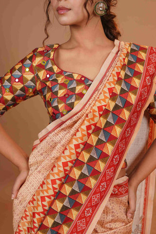 Mahalkari Mirror work Blouse with chanderi saree - (Nude/Red)