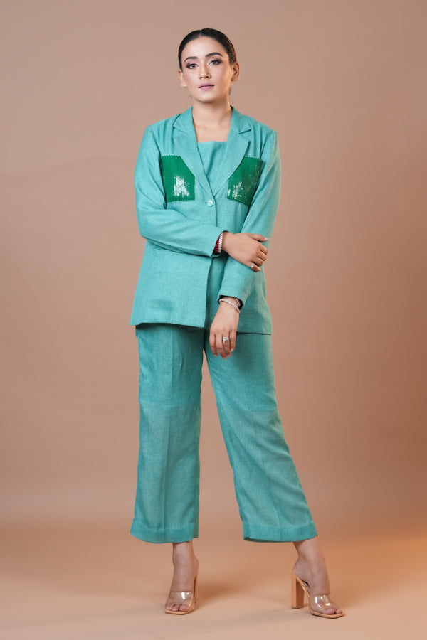 Teal Green Jute Linen Co-Ord Set