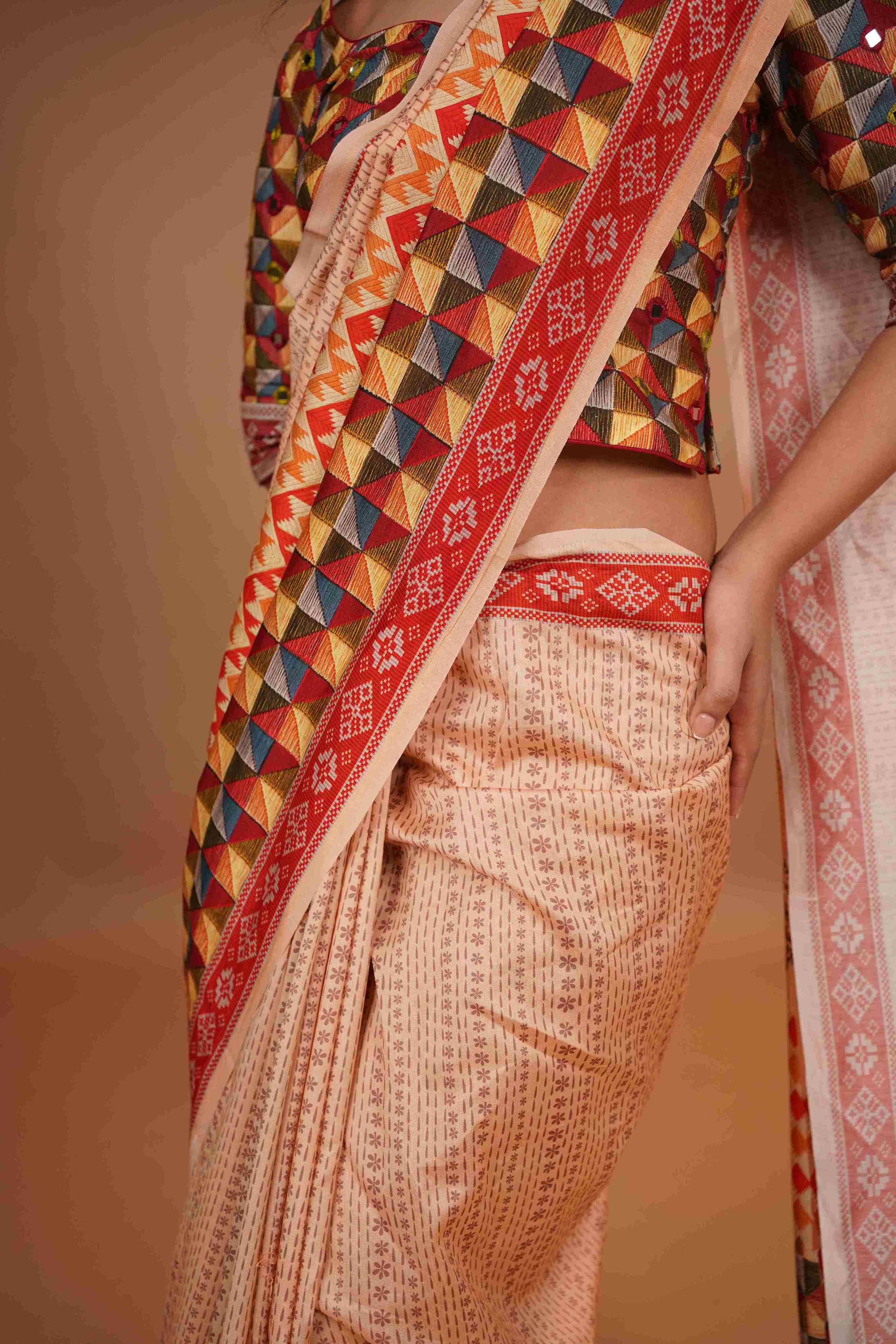 Mahalkari Mirror work Blouse with chanderi saree - (Nude/Red)