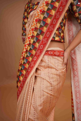 Mahalkari Mirror work Blouse with chanderi saree - (Nude/Red)